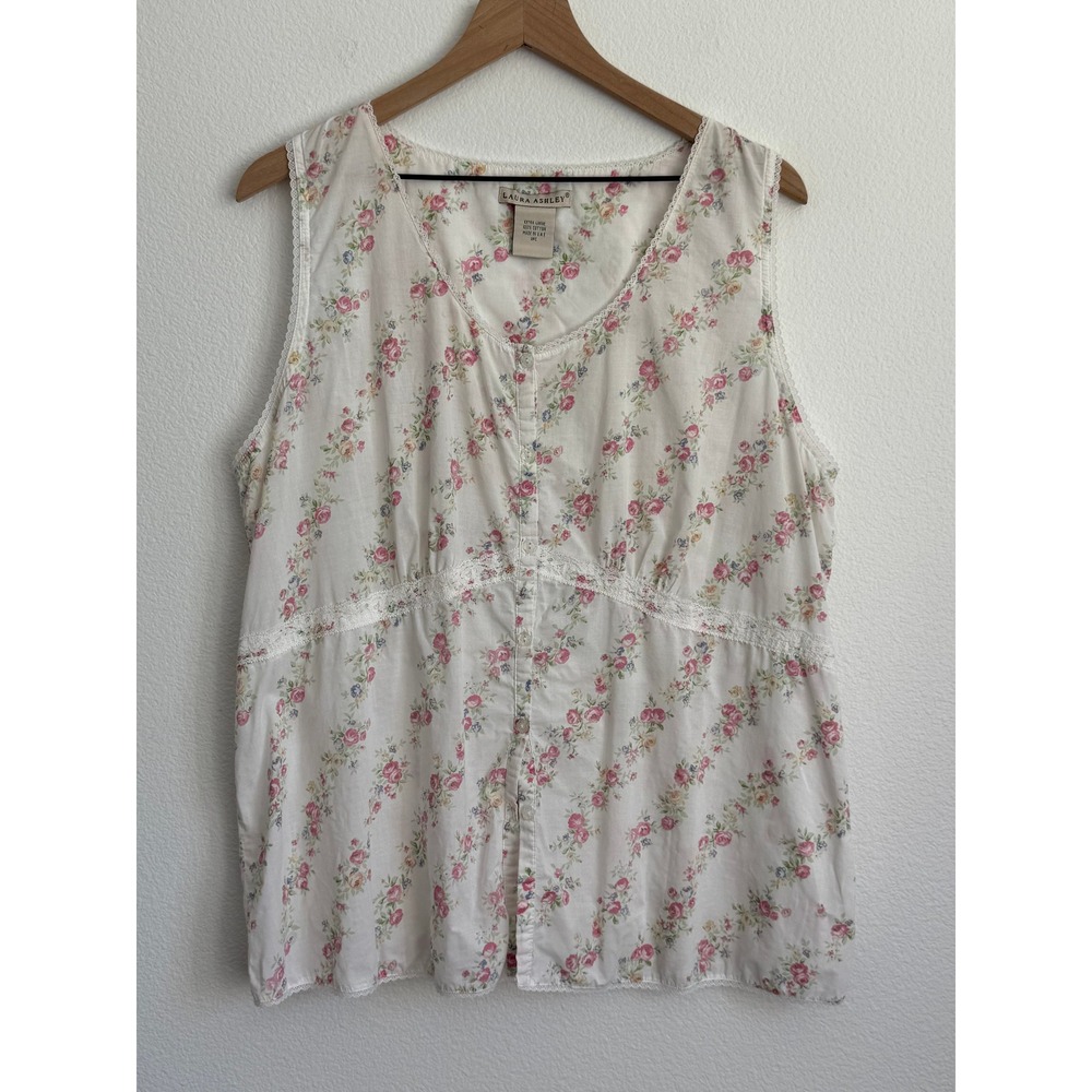 Laura Ashley Pajama Top XL White Pink Floral Cotton Lace Cottagecore Sleepwear